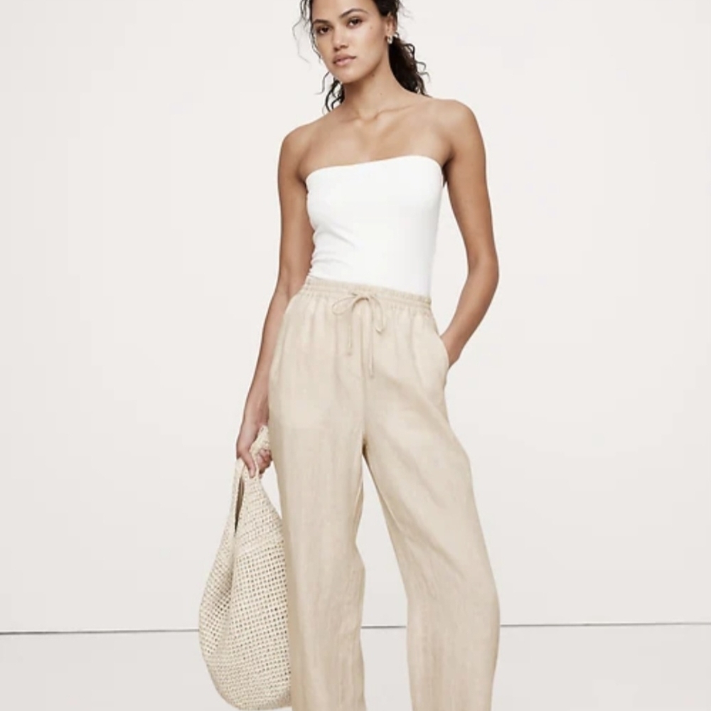 Banana Republic Beige Drawstring Wide-Leg Linen-Blend Pants